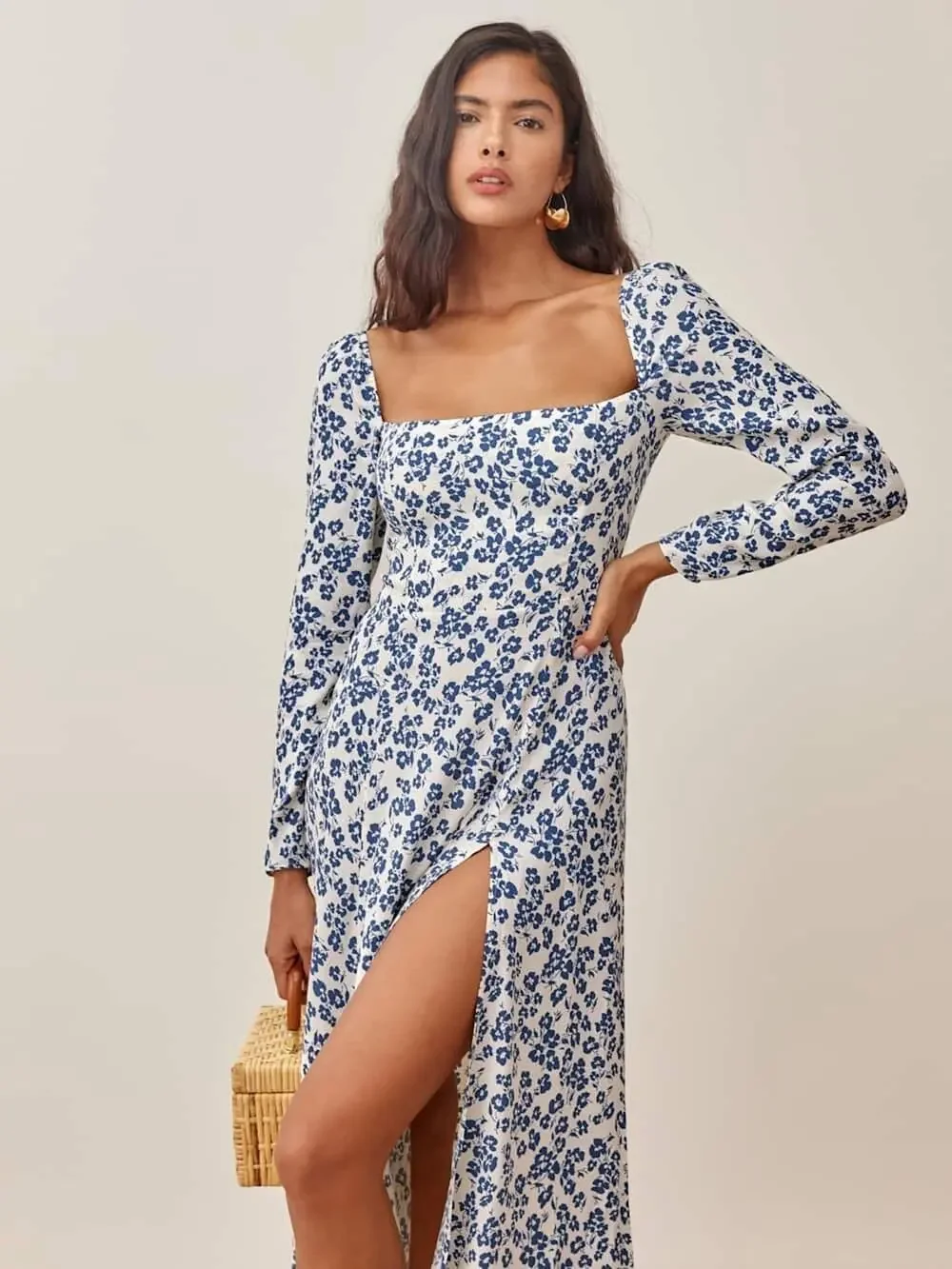 Reformation Sigmund Ditsy Floral Square-Neck Midi Dress Milanesa 6 Small